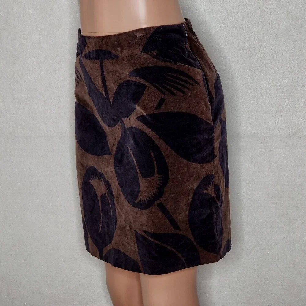Boden Brown Velvet A-Line Tulip Skirt Floral Pockets Cotton Stretch